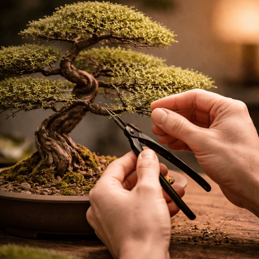 Hands working on a bonsai tree